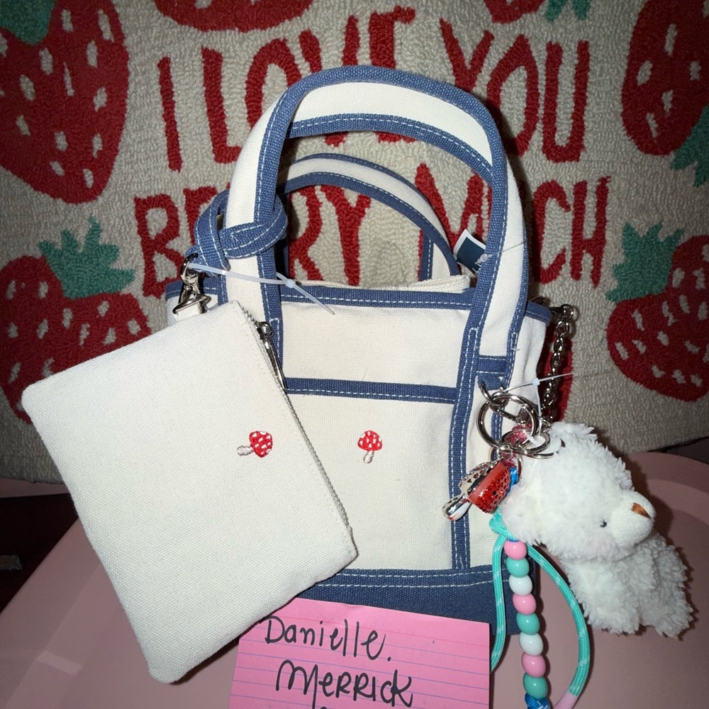 Blue and White Mushroom Madden Girl Tote Bag with Bear Charm